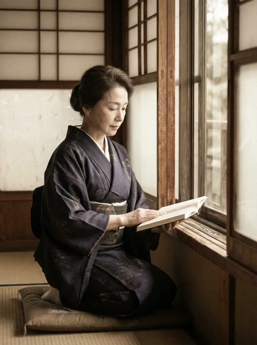 一位优雅的五十岁 色虎 身穿深蓝色和服，在窗边静读