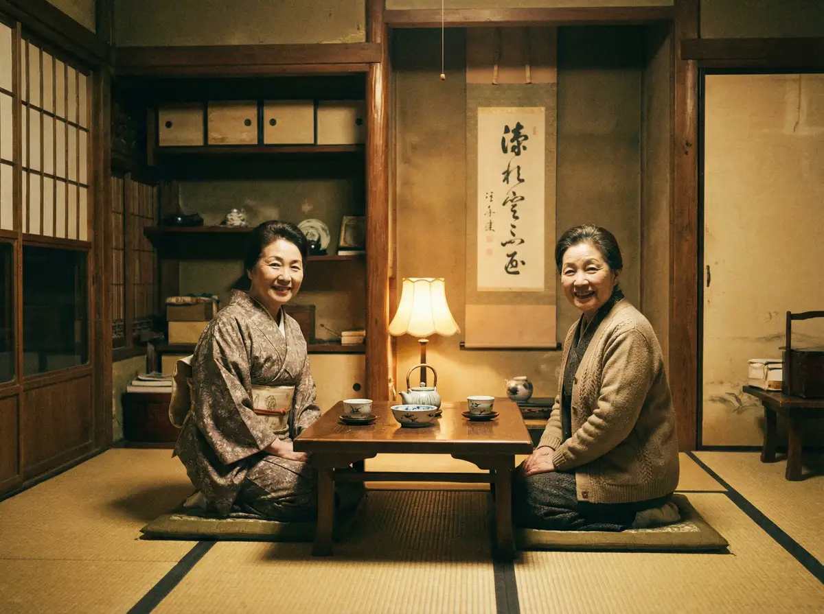 两位优雅的 色虎 在日式茶室中品茶交谈